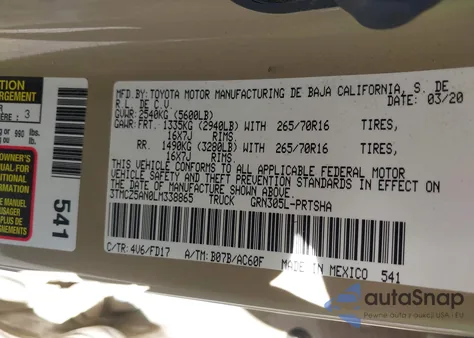 2020 Toyota Tacoma Trd Off-Road из США, поврежденный, VIN 3TMCZ5AN0LM338865